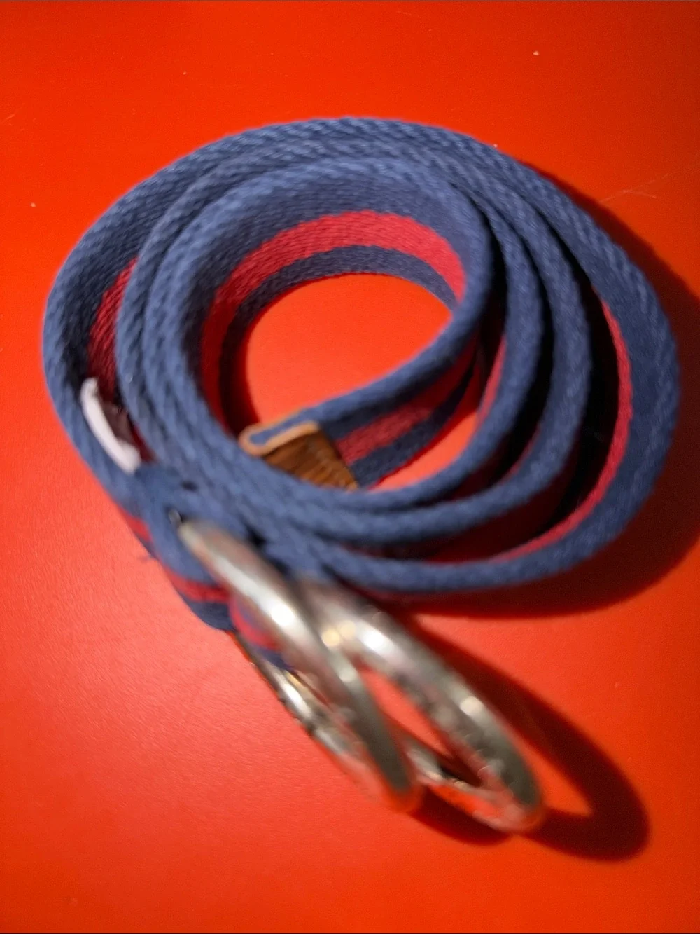 Michael Kors Navy and Red Striped Canvas Belt with Leather Trim